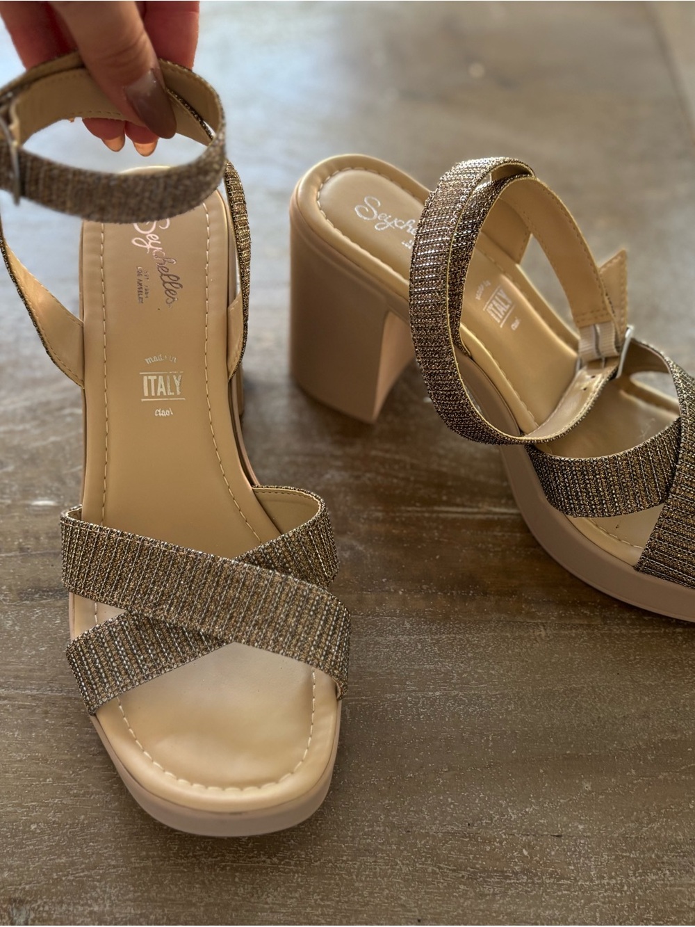 Anthropologie Champagne Glitter Platform Block Heels